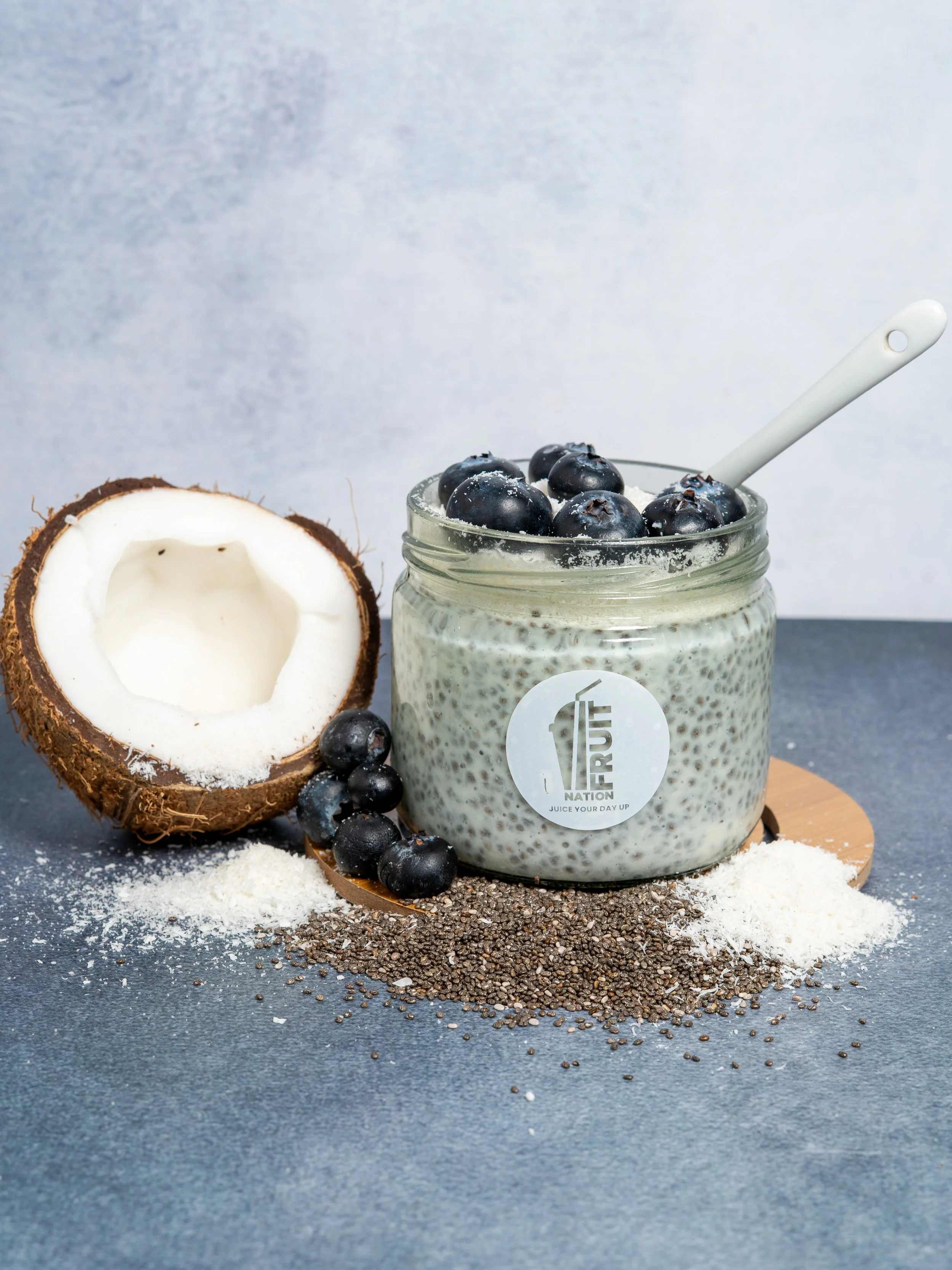 Product flat lay — chia pudding